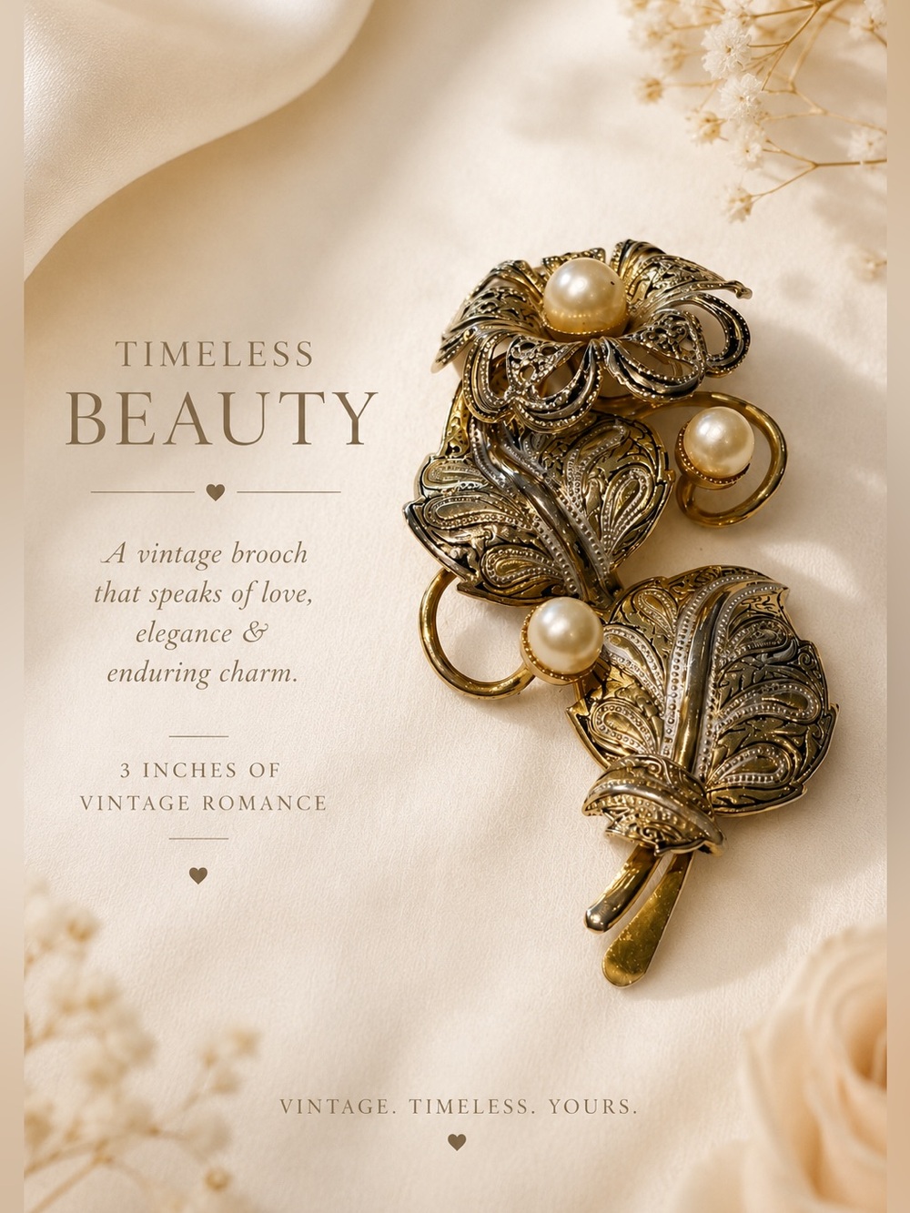 Vintage Gold and silver toned filagree Floral Brooch with faux Pearl Accents